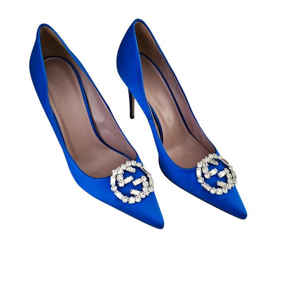Gucci GG Crystal Logo Royal Blue Satin Pointed Toe Pump Heel Size 37 US 7 - Picture 1 of 10